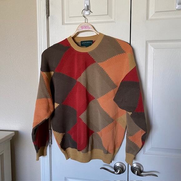 Tundra Crew Neck Sweater Color Block Argyle‎ 100% Cotton Relaxed Men's Medium - Picture 1 of 11